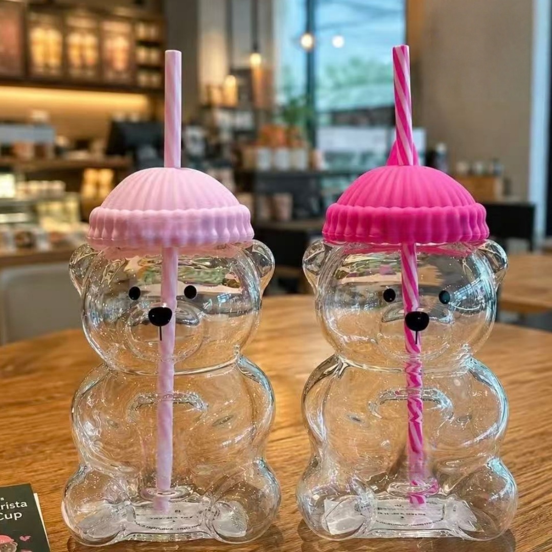 Coffee Tea Shop - แก้วน้ำทรงหมี Bk สีชมพูใส แก้วน้ำทรงกระบอก สำหรับดื่มกาแฟเย็นในฤดูร้อน ของขวัญสำหรับใช้กลางแจ้งและในออฟฟิศ