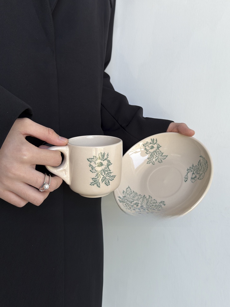 Coffee Leaves Tea - แก้วกาแฟเซรามิกลายใบไม้สีเขียววินเทจ รุ่นลิมิเต็ดอิดิชั่น แก้วน้ำสำหรับดื่มชายามบ่าย ขนาดเล็ก สไตล์สีส้มและสีเขียว