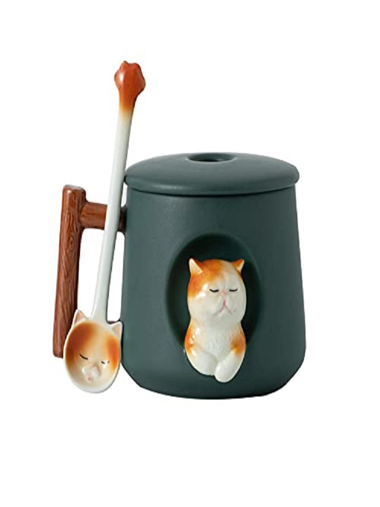Coffee Tea Spoon - แก้วเซรามิคลายแมว 3 มิติ น่ารัก พร้อมฝาและช้อน -