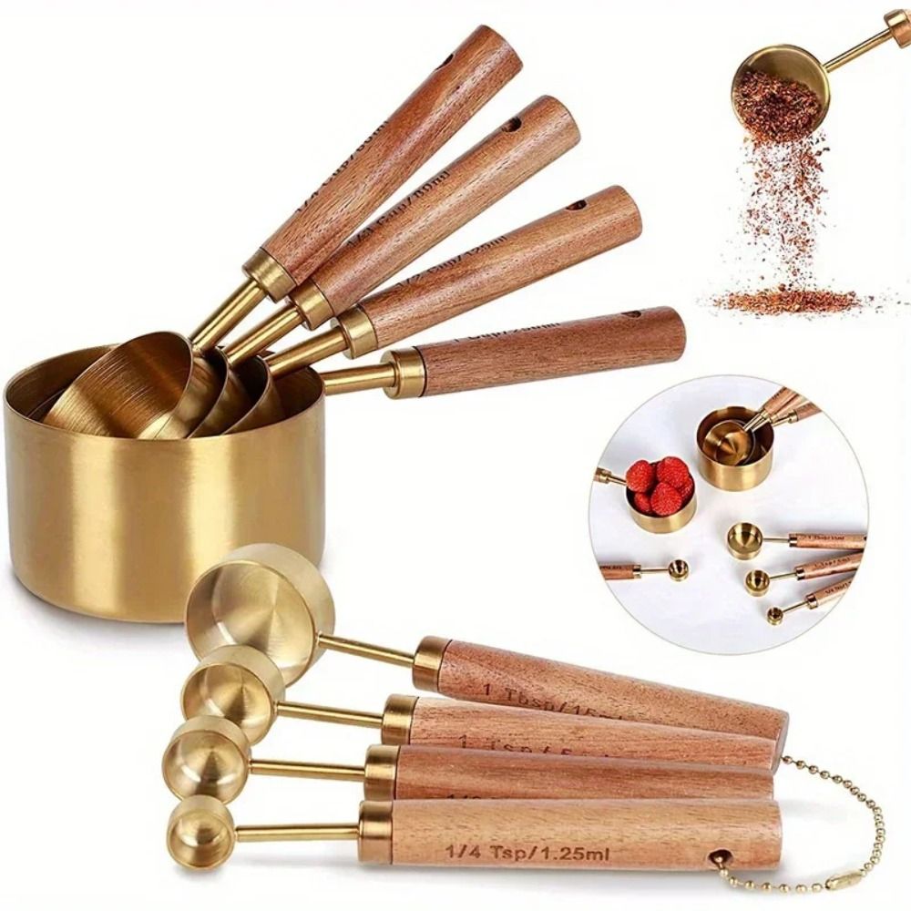 Coffee Tea Spoon - ชุดถ้วยตวงสแตนเลสใหม่ พร้อมช้อนตวงด้ามไม้สีทอง อุปกรณ์ทำขนม ช้อนชาขนาดเล็ก ช้อนตวงกาแฟสำหรับบาร์เทนเดอร์