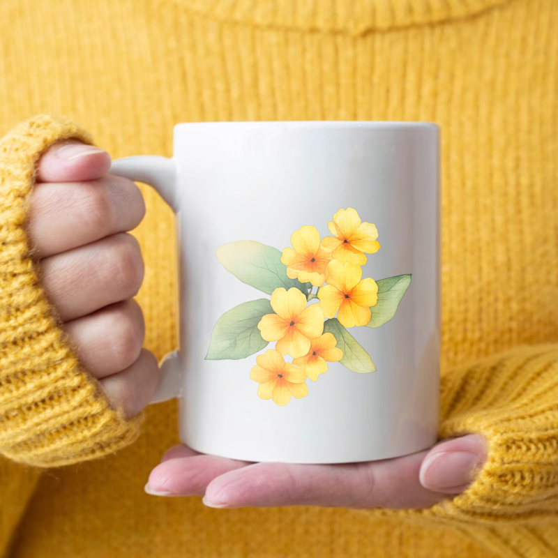 Coffee Tea Break - แก้วเซรามิกมีลายดอกไม้สีขาวและสีเหลือง เหมาะสำหรับดื่มกาแฟและชาที่บ้านหรือที่ทำงาน