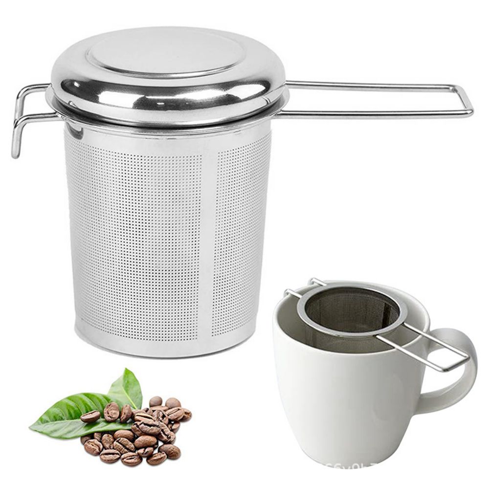 Tea Strainer Mesh - ที่กรองชาแบบมีฝาปิดทำจากสแตนเลส304ที่กรองชาแบบพับได้ด้ามจับสองชั้นที่กรองชาพร้อมฝาปิด